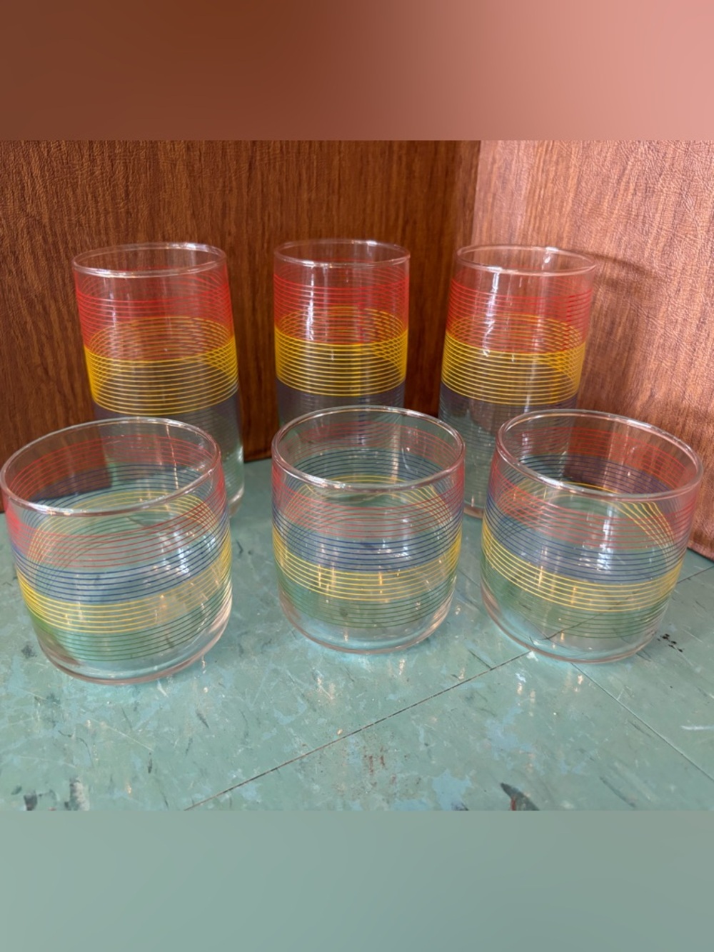 6 vintage anchor hocking cups glasses retro 1980’s striped rainbow “the bay”